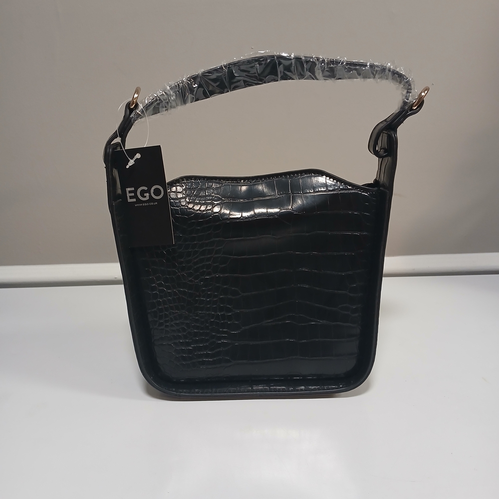 EGO Black Croc-Embossed Faux Leather Top Handle Mini Bag Snap Close New!